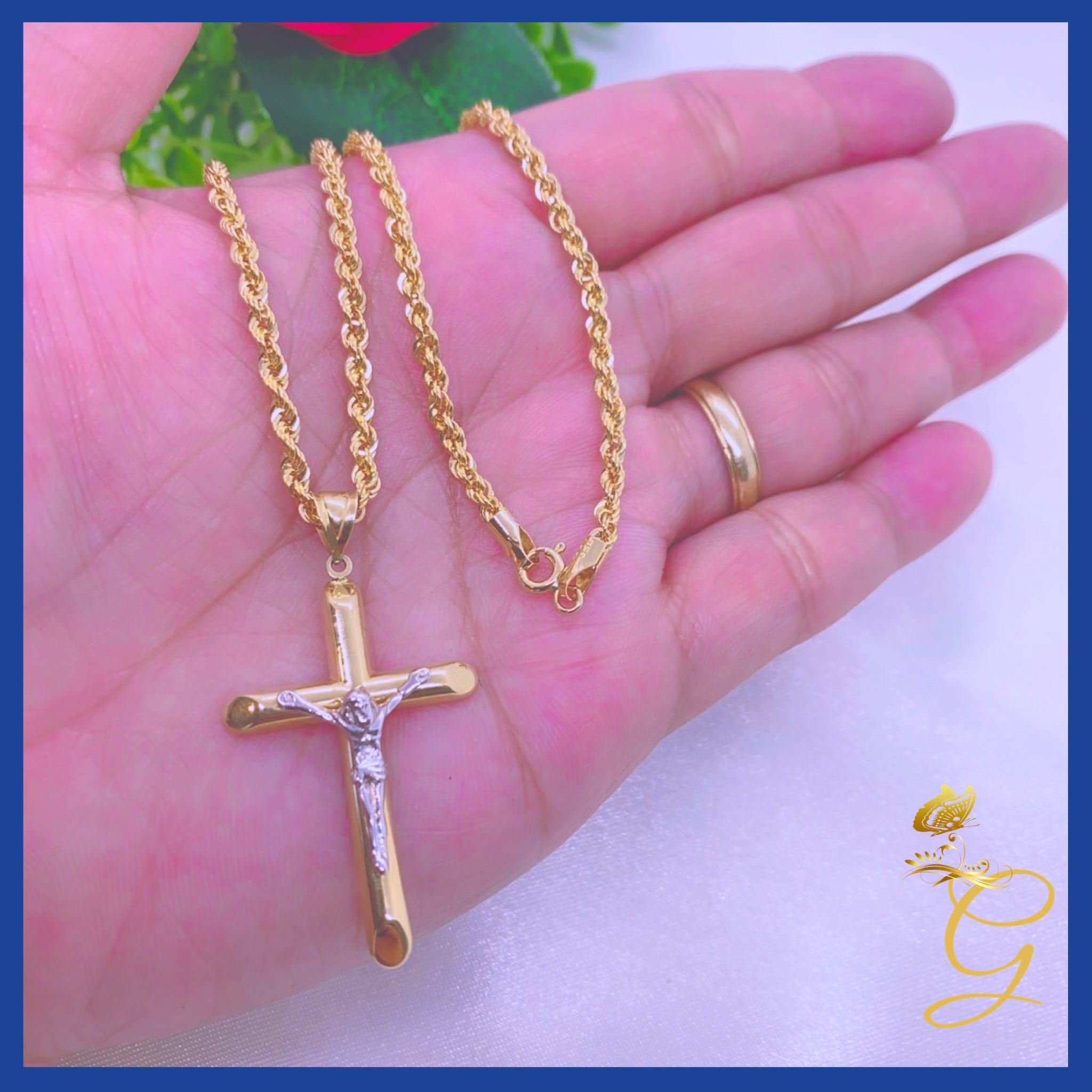 18K Real Gold Cross Necklace, 20 inches long, featuring a solid yellow gold cross pendant, perfect for everyday wear.