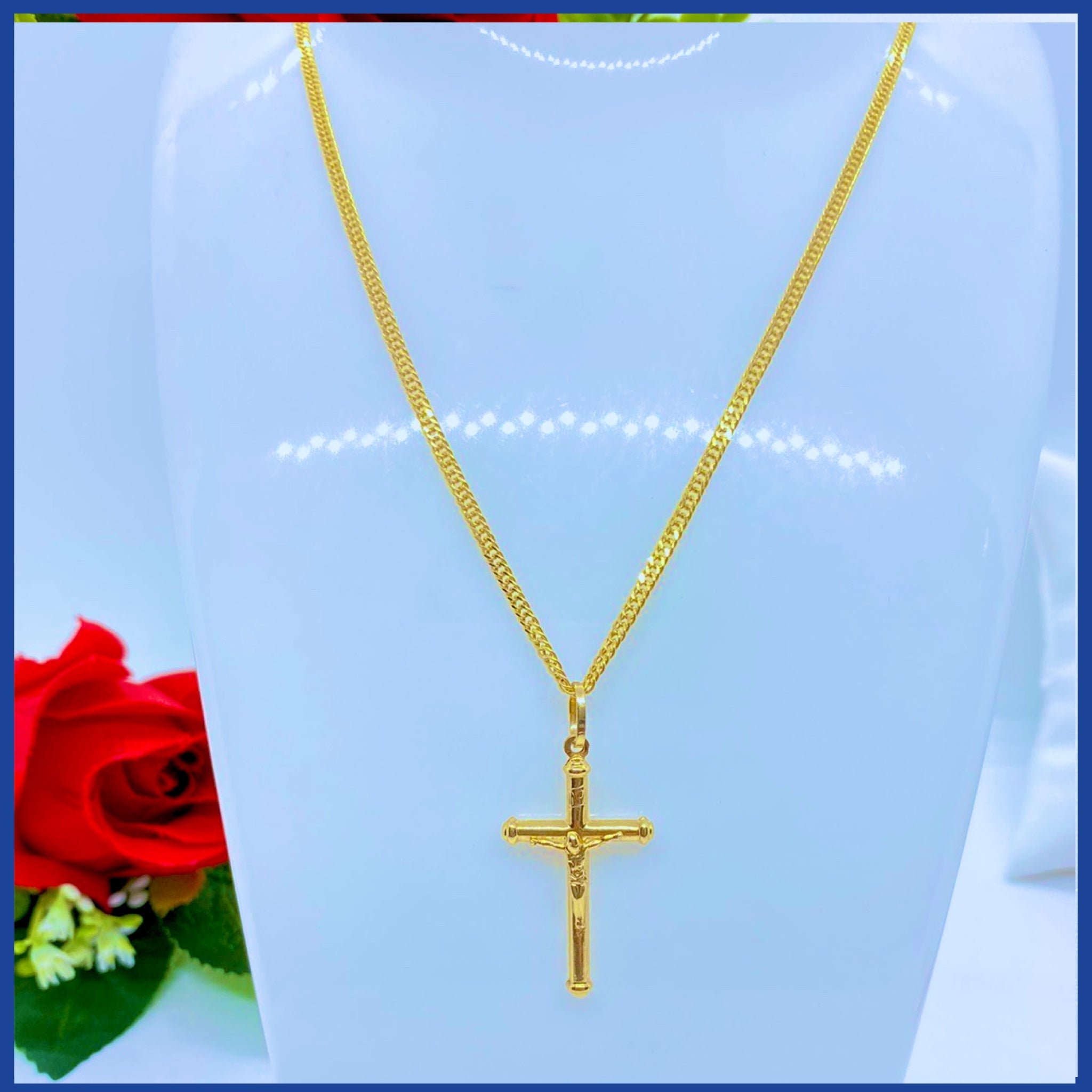 Elegant 18K Real Gold Cross Necklace, 24 inches long, showcasing a classic cross pendant in solid yellow gold.