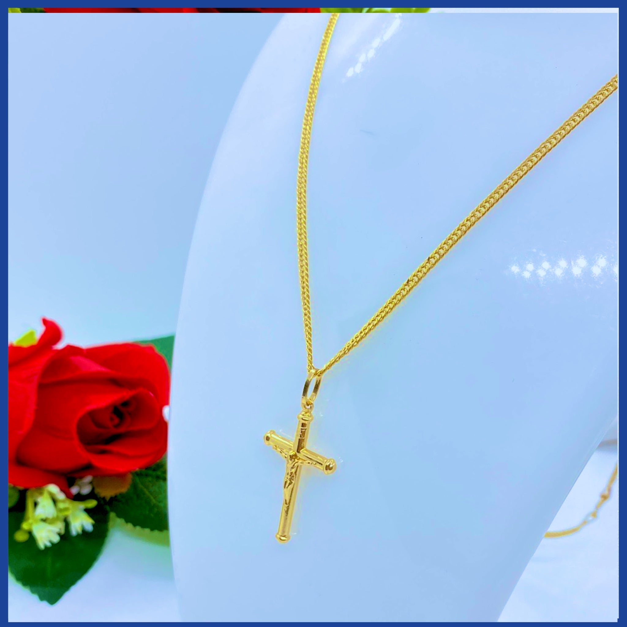 Elegant 18K Real Gold Cross Necklace, 24 inches long, showcasing a classic cross pendant in solid yellow gold.