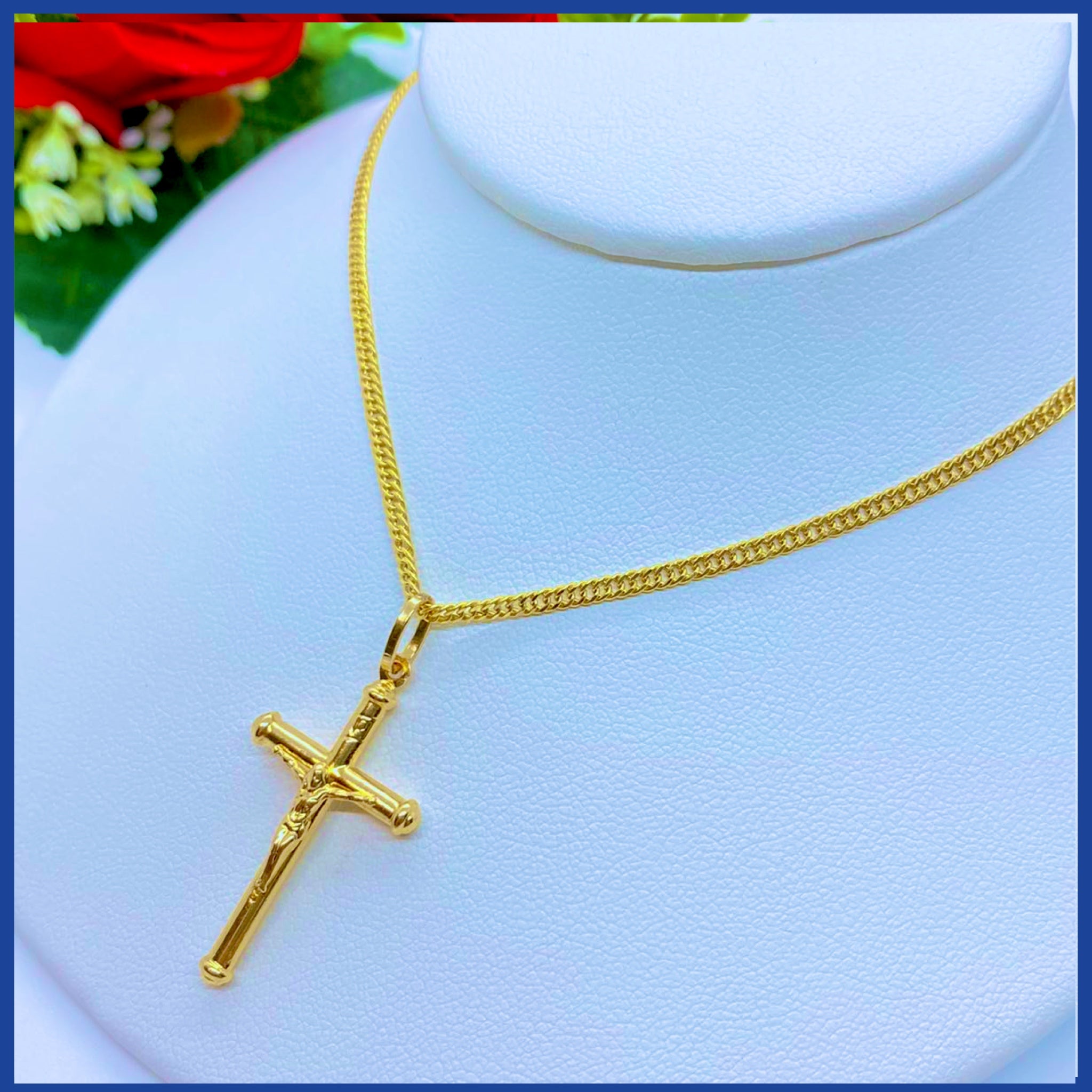 Elegant 18K Real Gold Cross Necklace, 24 inches long, showcasing a classic cross pendant in solid yellow gold.