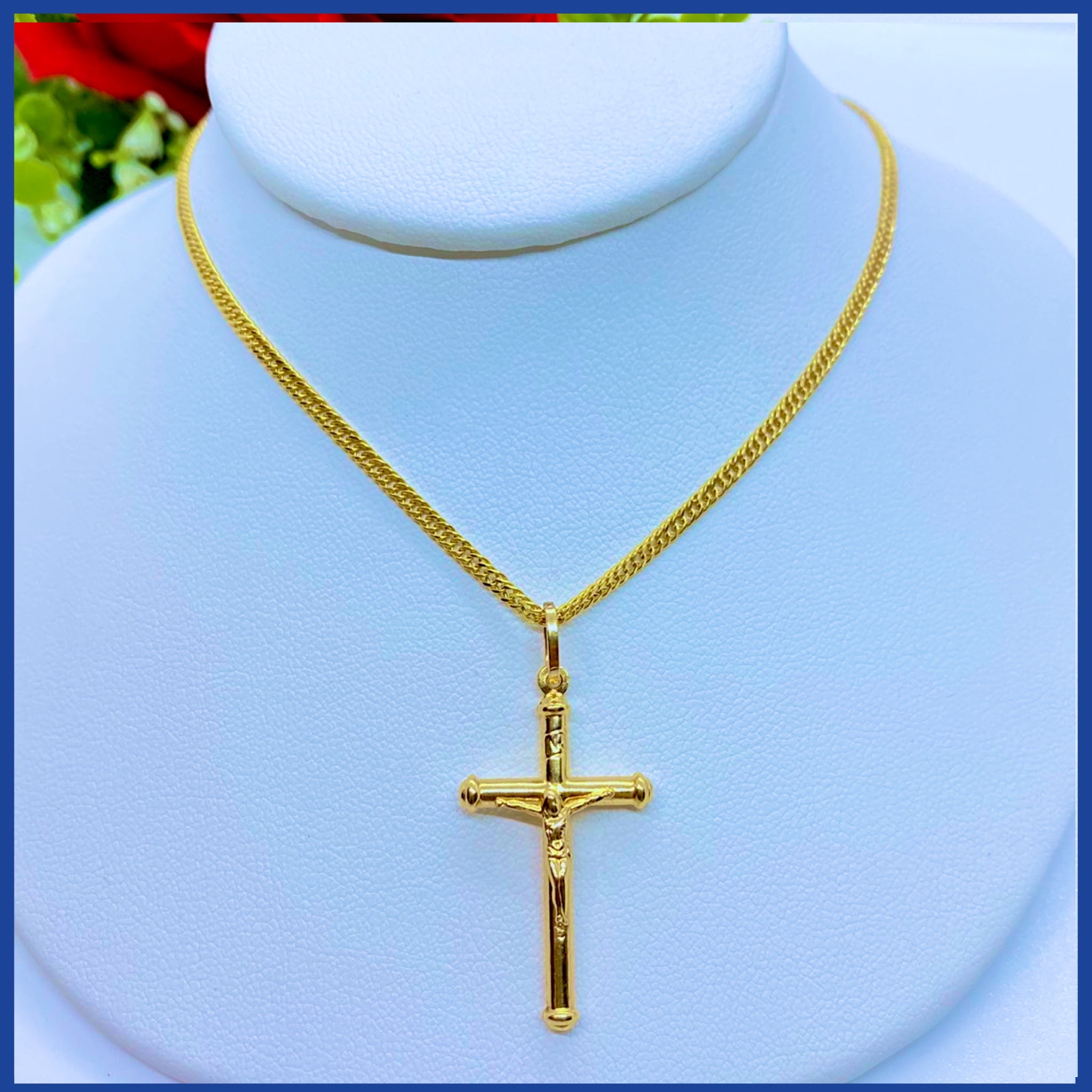 Elegant 18K Real Gold Cross Necklace, 24 inches long, showcasing a classic cross pendant in solid yellow gold.