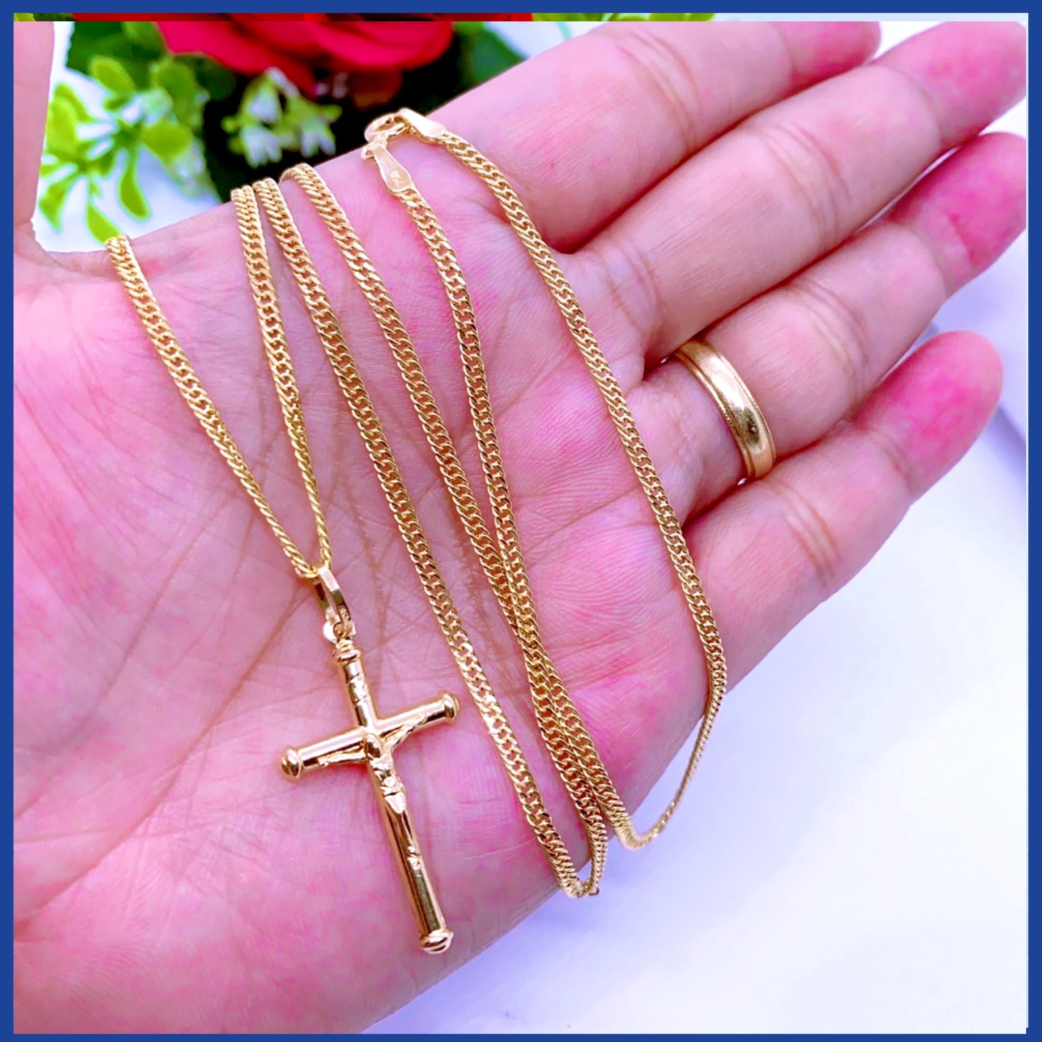 Elegant 18K Real Gold Cross Necklace, 24 inches long, showcasing a classic cross pendant in solid yellow gold.