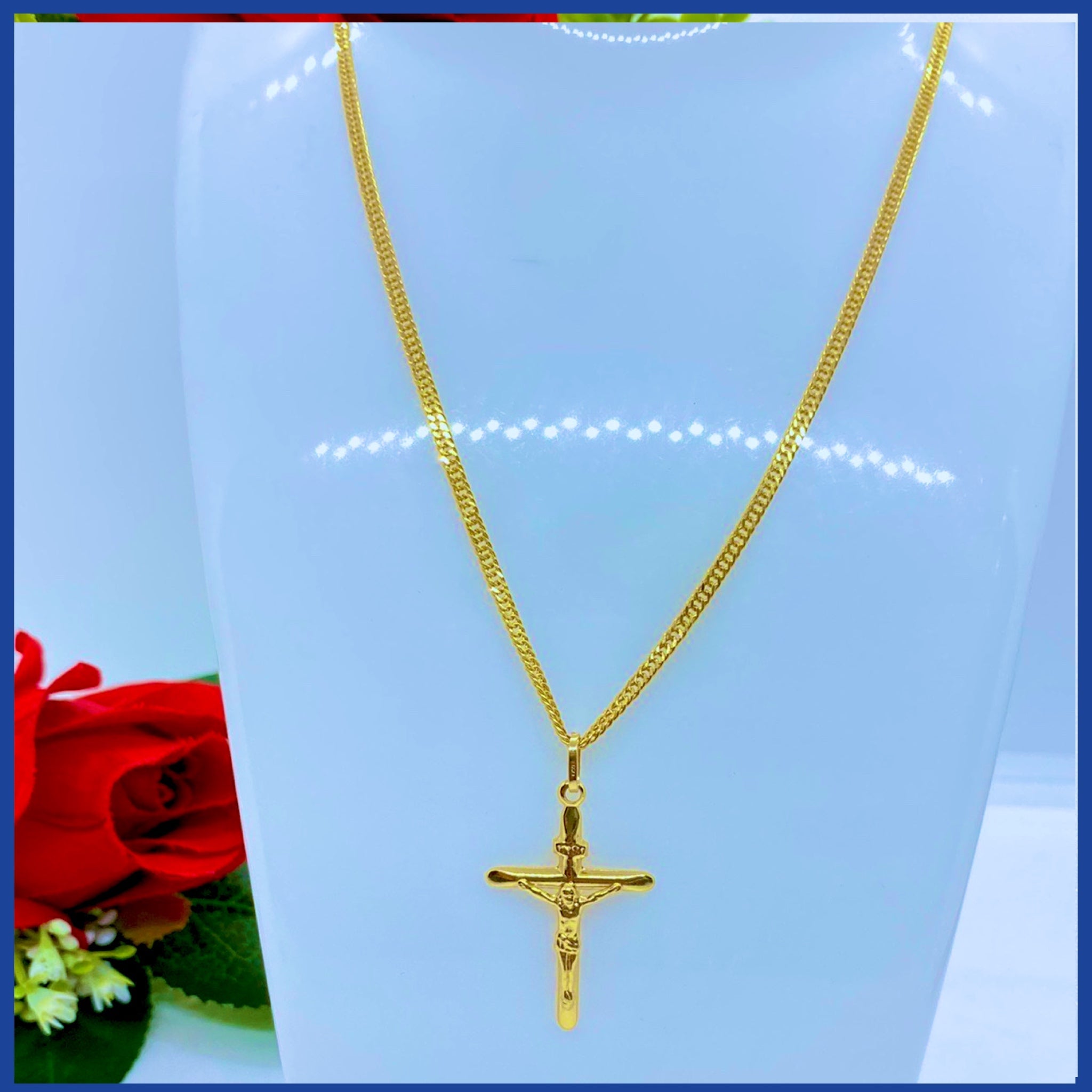 18K Real Gold Cross Necklace, 24 inches long, solid gold with a beautiful cross design.