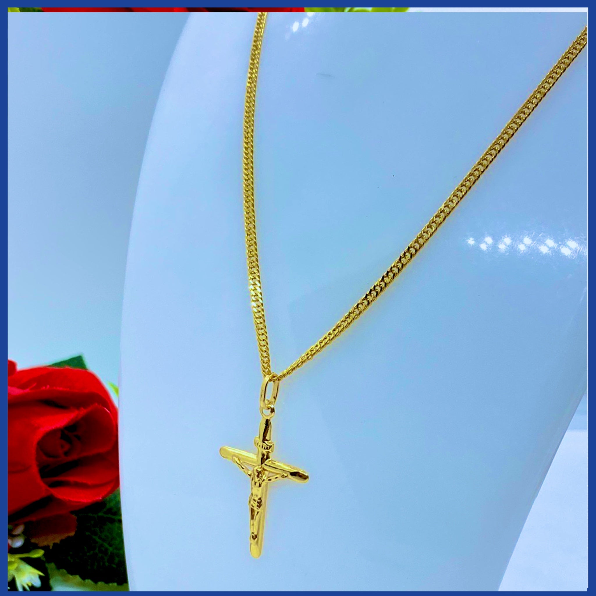 18K Real Gold Cross Necklace, 24 inches long, solid gold with a beautiful cross design.