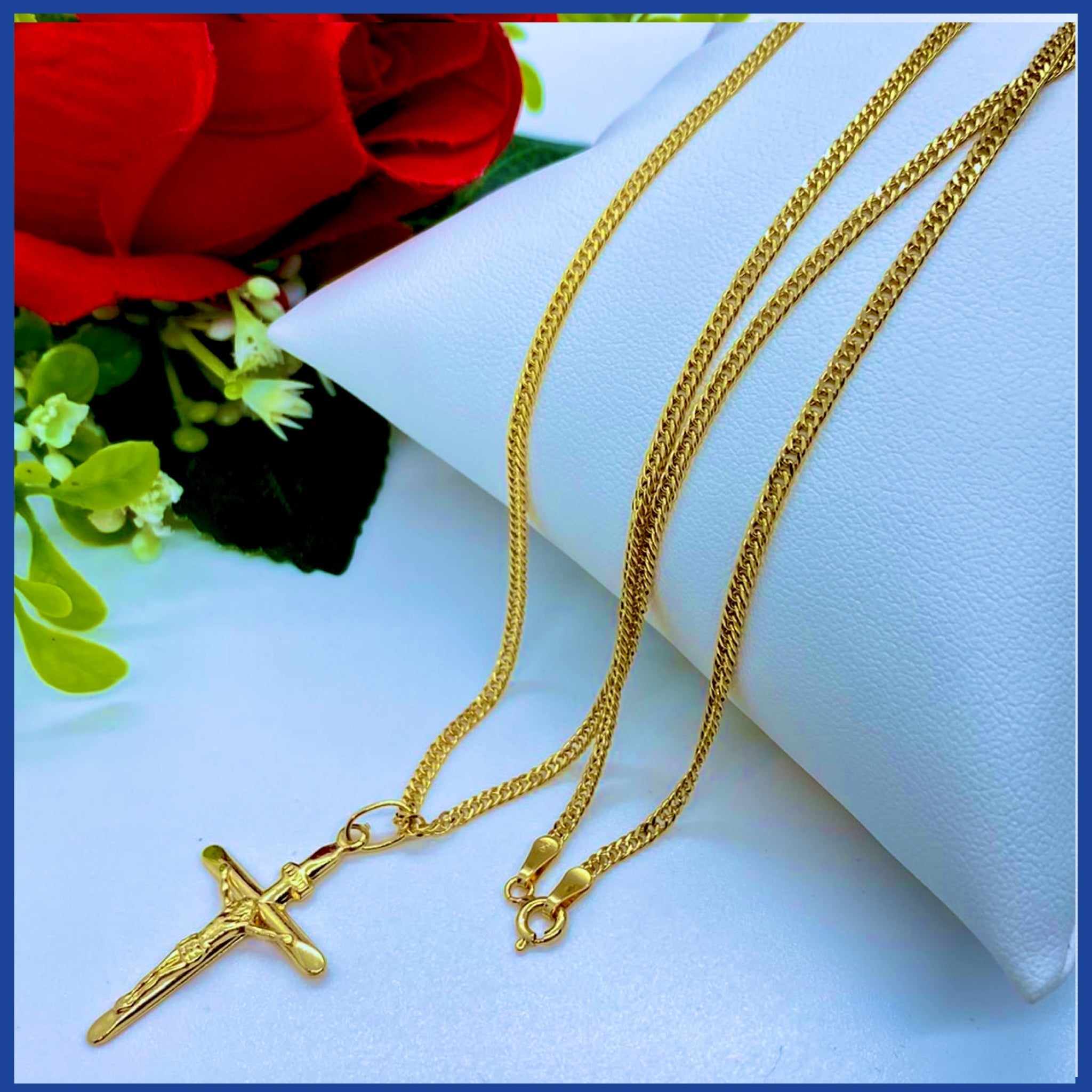 18K Real Gold Cross Necklace, 24 inches long, solid gold with a beautiful cross design.