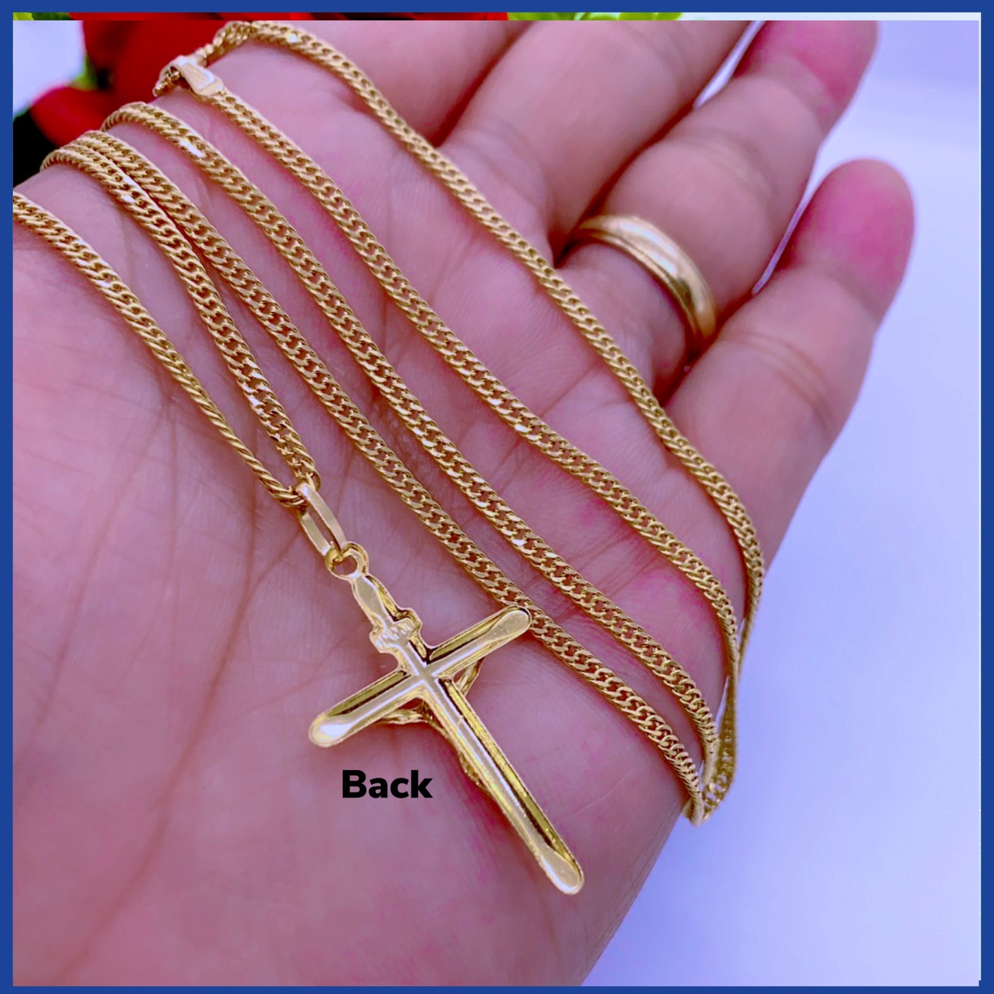 18K Real Gold Cross Necklace, 24 inches long, solid gold with a beautiful cross design.