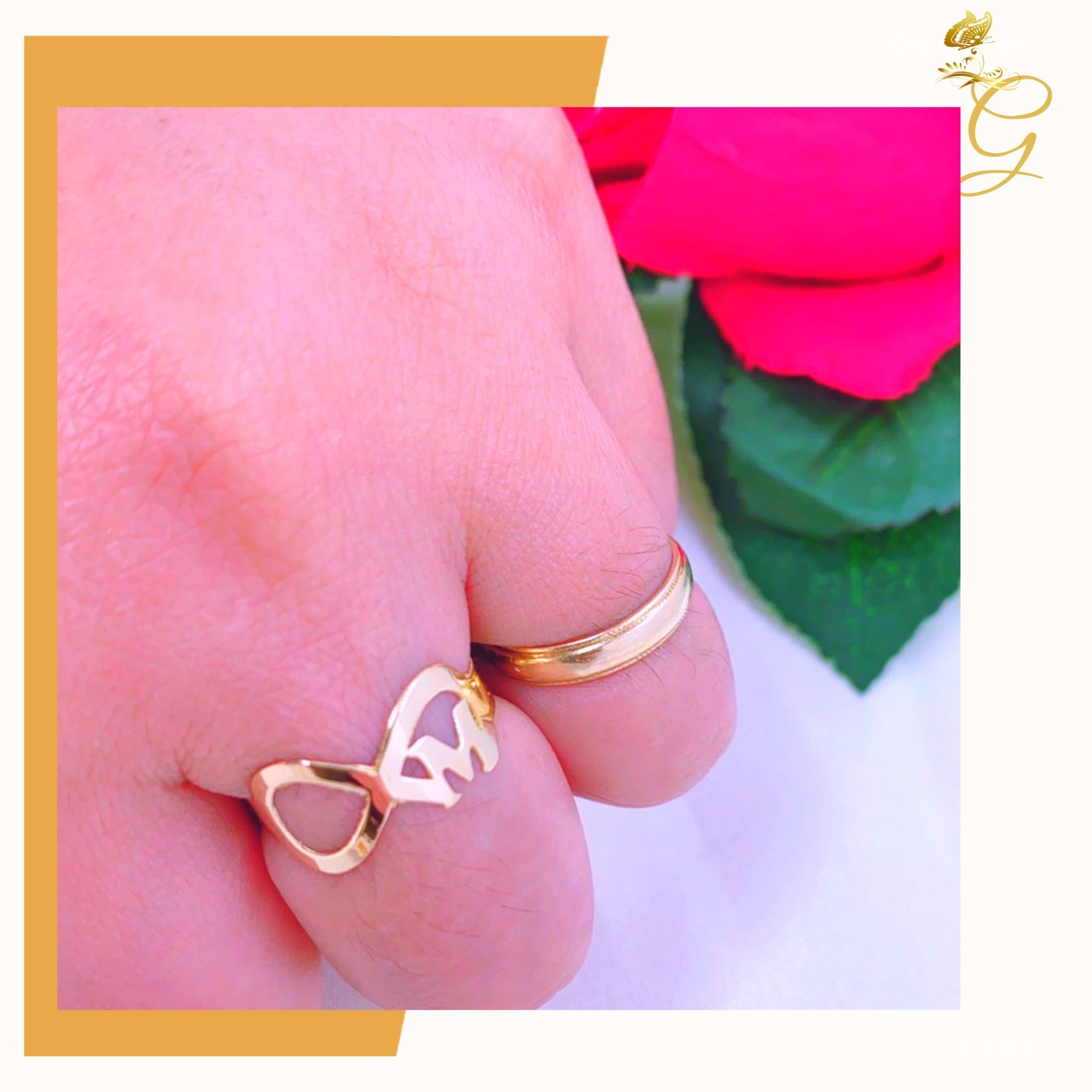 18K solid gold personalized infinity initial ring with elegant design and customizable initials.