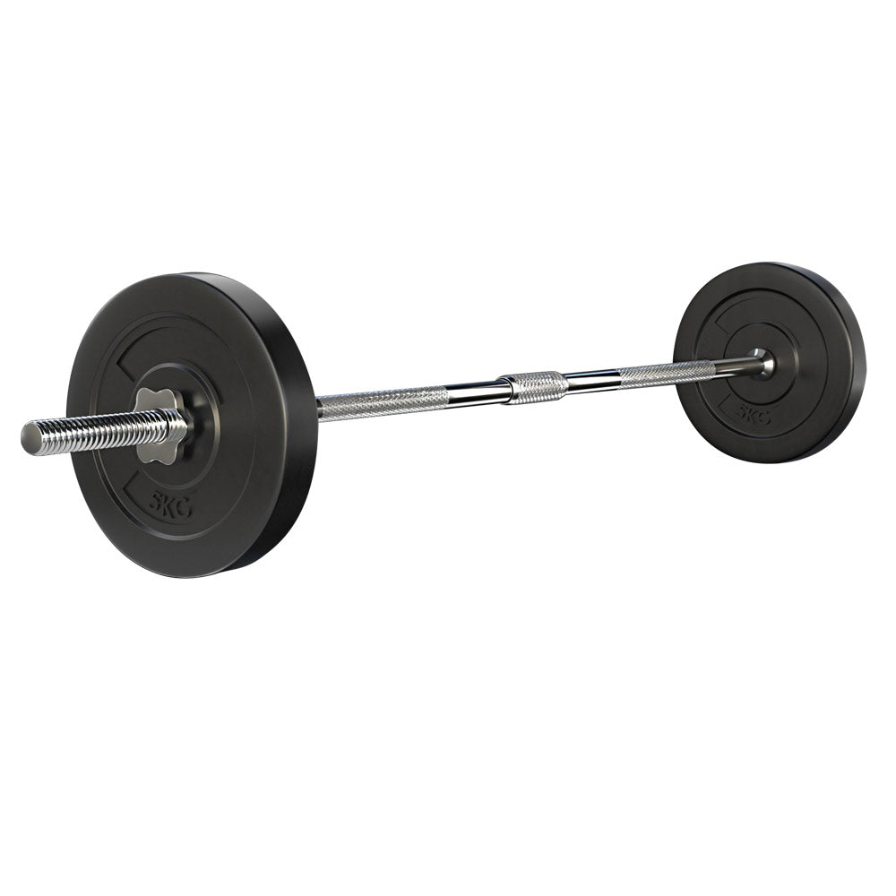 18KG Barbell Weight Set with two 5kg plates and a chrome plated barbell bar, designed for home fitness workouts.