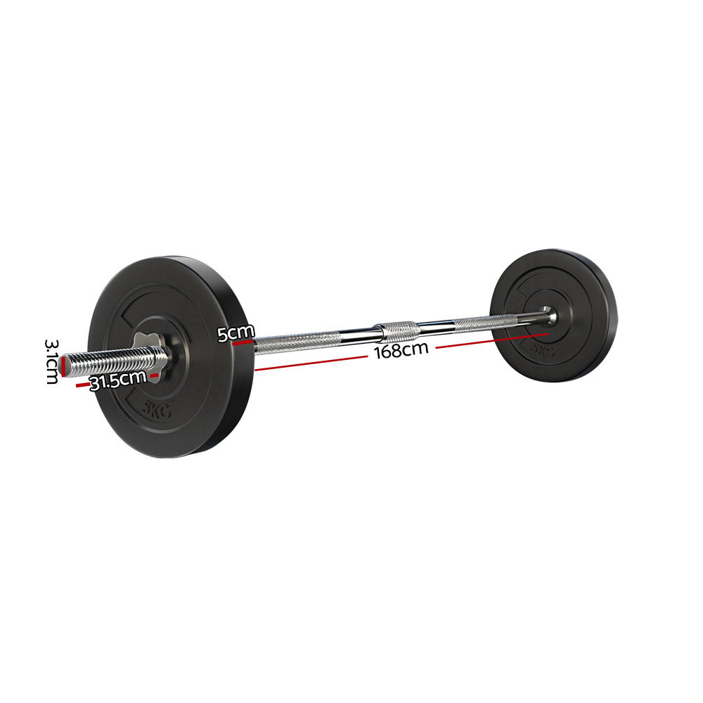 18KG Barbell Weight Set with two 5kg plates and a chrome plated barbell bar, designed for home fitness workouts.