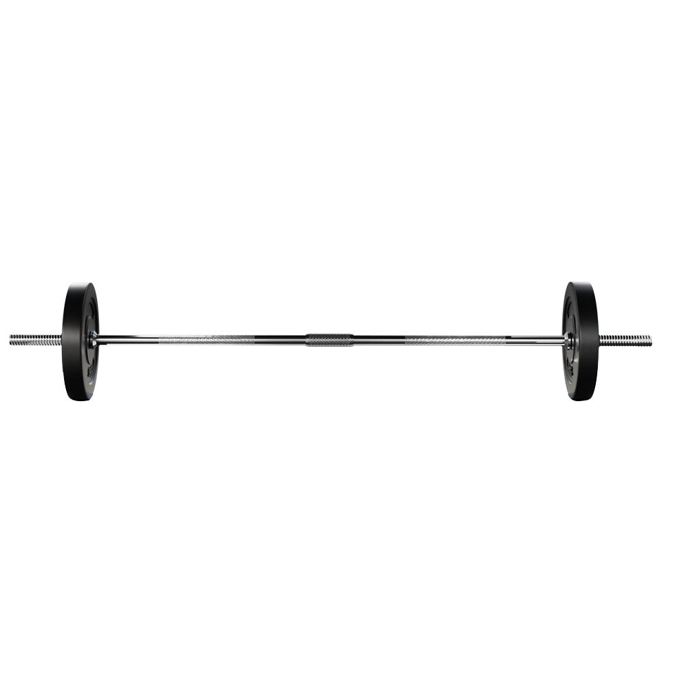 18KG Barbell Weight Set with two 5kg plates and a chrome plated barbell bar, designed for home fitness workouts.