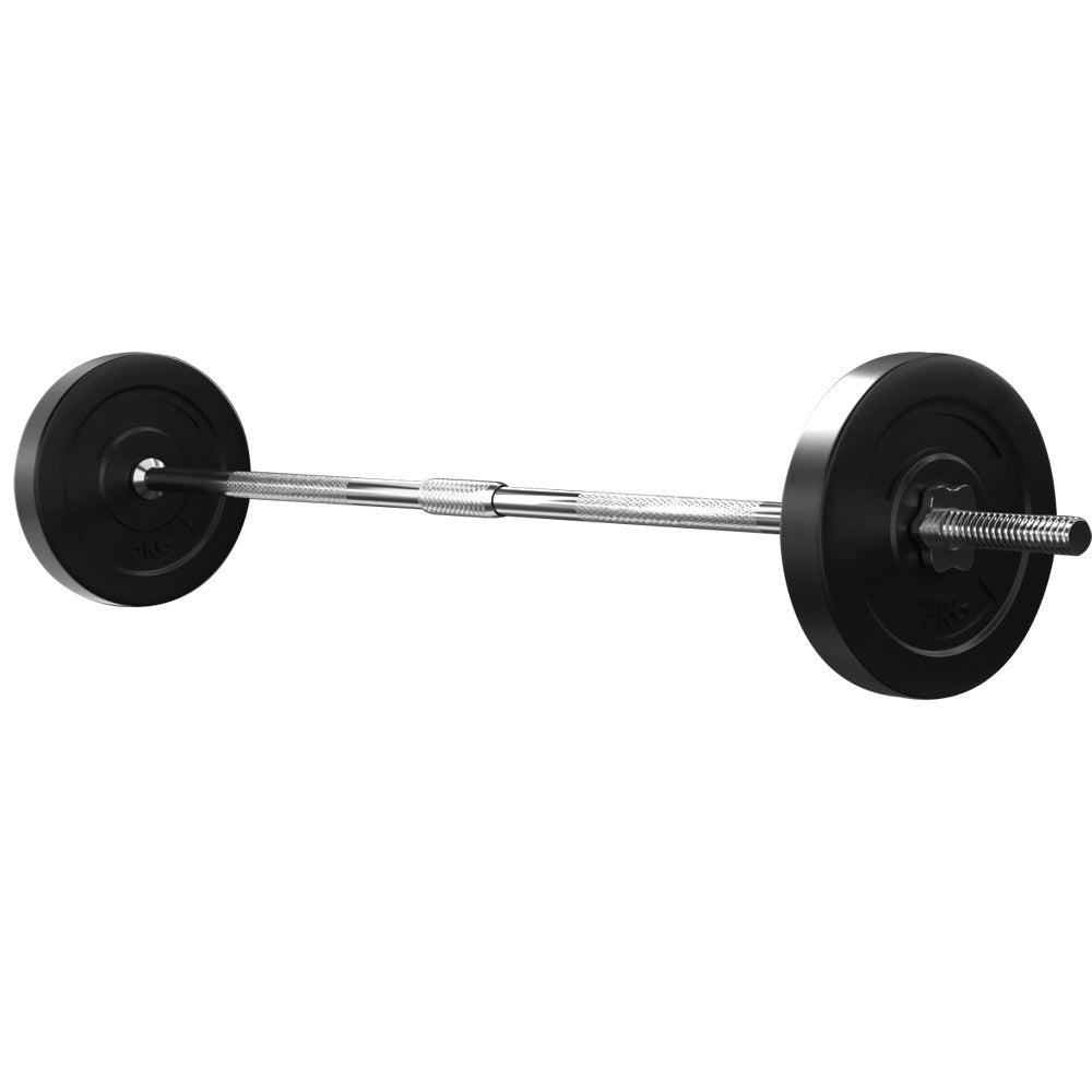 18KG Barbell Weight Set with two 5kg plates and a chrome plated barbell bar, designed for home fitness workouts.