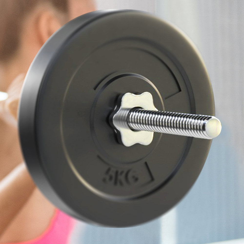 18KG Barbell Weight Set with two 5kg plates and a chrome plated barbell bar, designed for home fitness workouts.