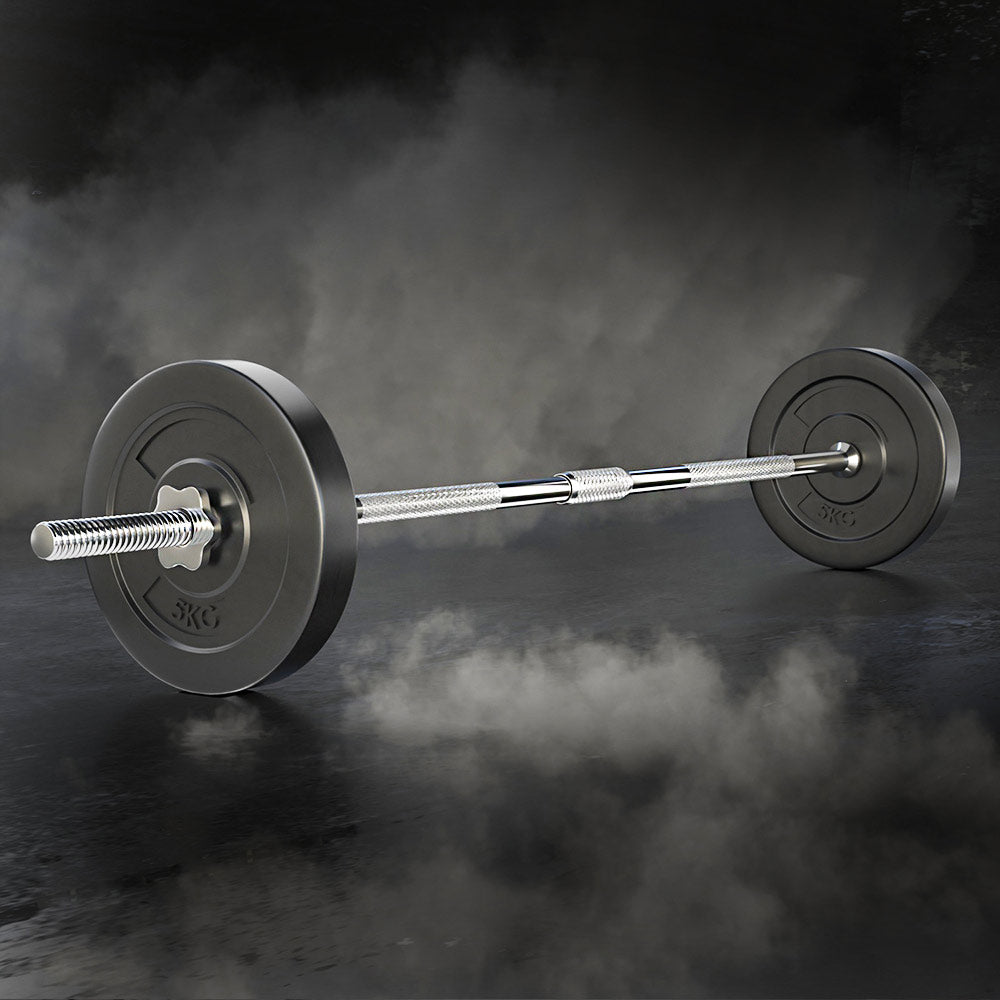 18KG Barbell Weight Set with two 5kg plates and a chrome plated barbell bar, designed for home fitness workouts.