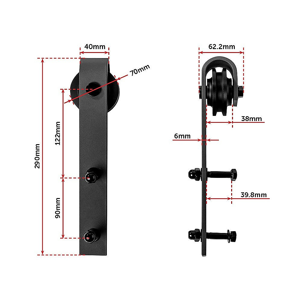 1.8m Sliding Barn Door Hardware set featuring black steel components, including track, rollers, and clamps for easy installation.