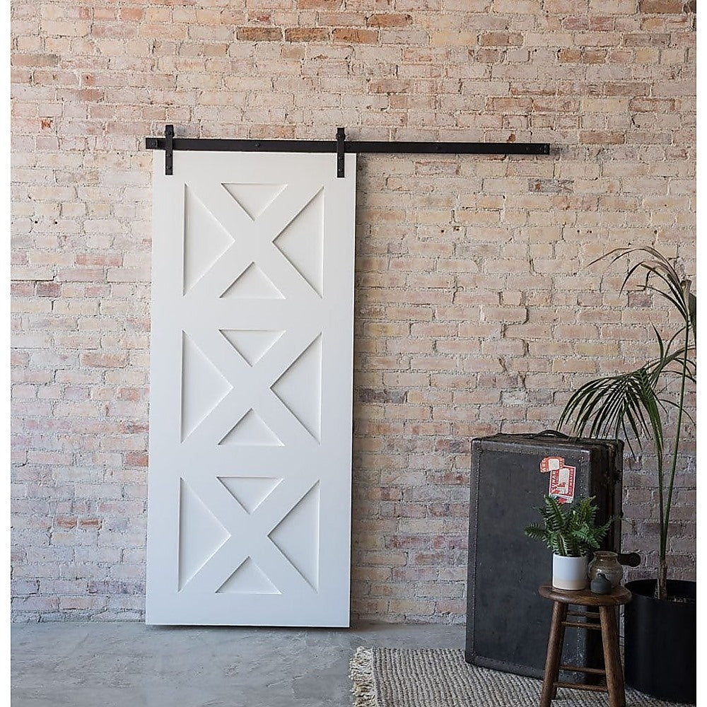 1.8m Sliding Barn Door Hardware set featuring black steel components, including track, rollers, and clamps for easy installation.