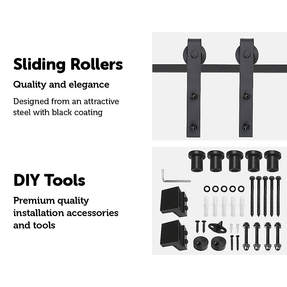 1.8m Sliding Barn Door Hardware set featuring black steel components, including track, rollers, and clamps for easy installation.