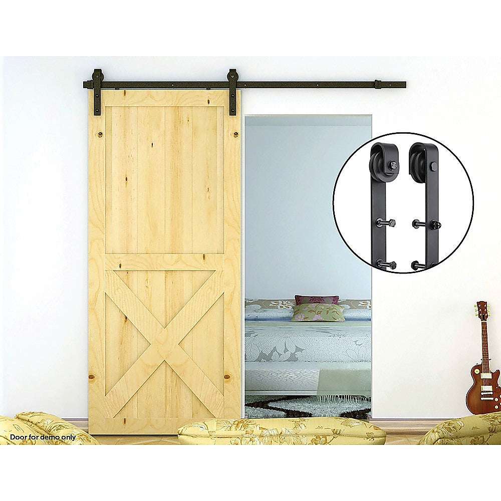 1.8m Sliding Barn Door Hardware set featuring black steel components, including track, rollers, and clamps for easy installation.