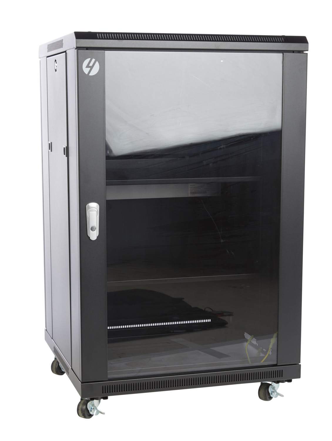 18RU freestanding server rack, 600mm wide and deep, featuring a lockable tempered glass front door and durable steel construction.