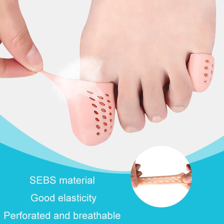 A pair of breathable perforated toe protectors made from elastic SEBS material, designed for comfort and healing.