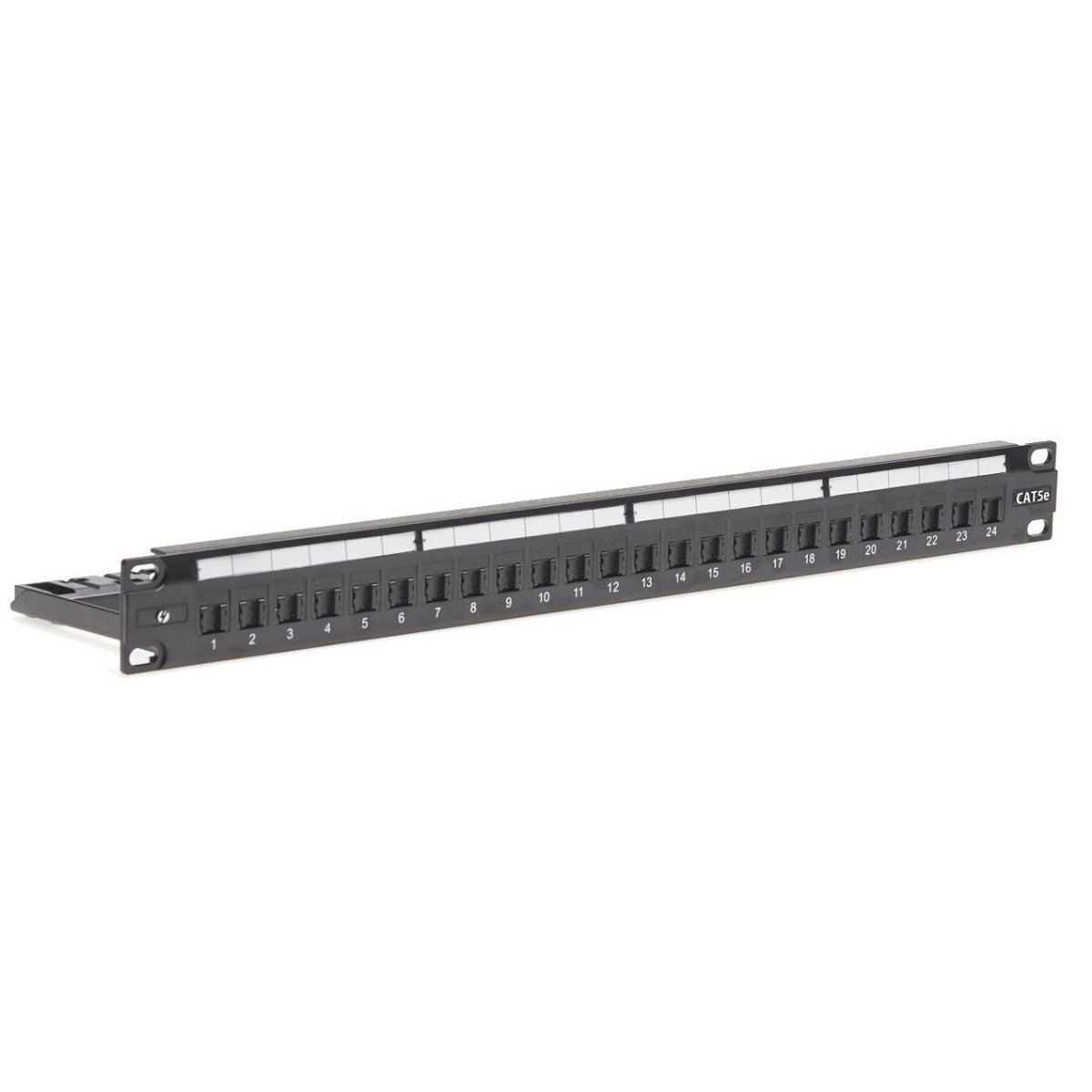 1RU 24 Port Cat 5E Universal Termination Patch Panel with 24 keystone jacks, designed for structured cabling solutions.