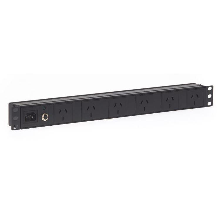 1RU 6 Way GPO Rack Mount PDU Power Rail with six Australian 3-Pin outlets and a 2m power cable, designed for efficient power distribution in server racks.