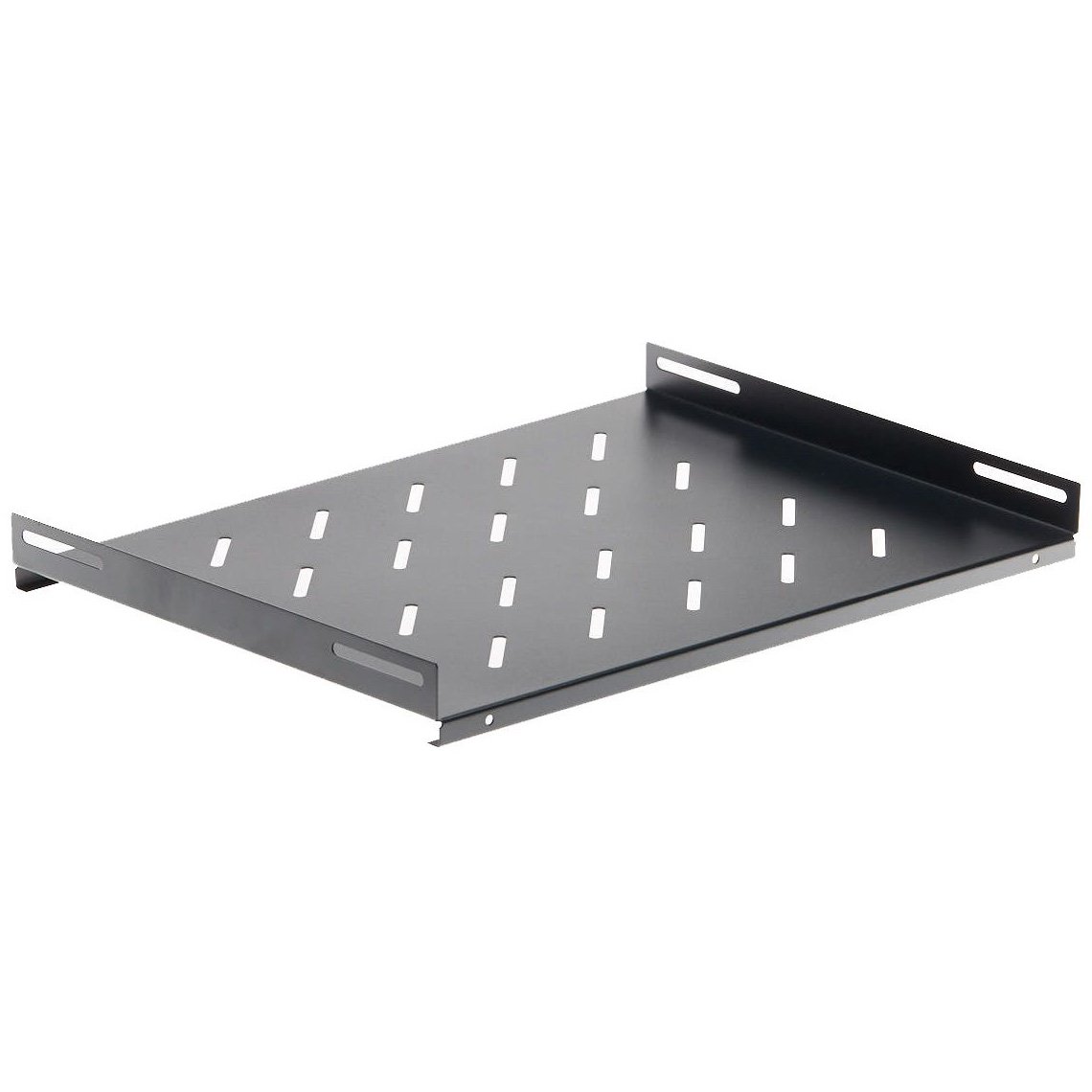 1RU Fixed Rack Shelf 550mm Deep, black powder-coated steel, designed for 800mm deep freestanding server racks, includes cage nuts and screws.