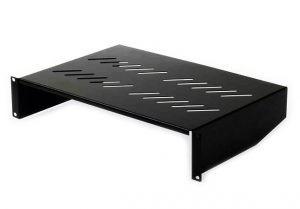 1RU Shelf Cantilever 200mm in black, designed for 19-inch racks, showcasing its sturdy build and sleek finish.