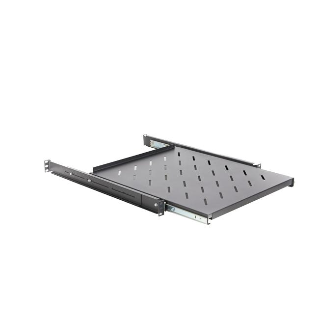 1RU Sliding Shelf designed for 800mm deep server racks, featuring side latches and a robust construction for secure equipment storage.