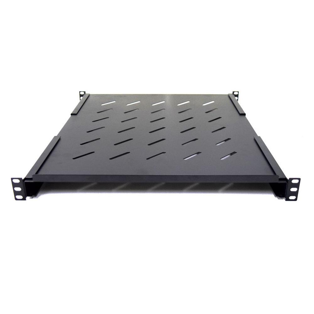 1RU Universal Fixed Shelf for server racks, made of high-quality steel, featuring a perforated design for airflow and adjustable mounting depths.