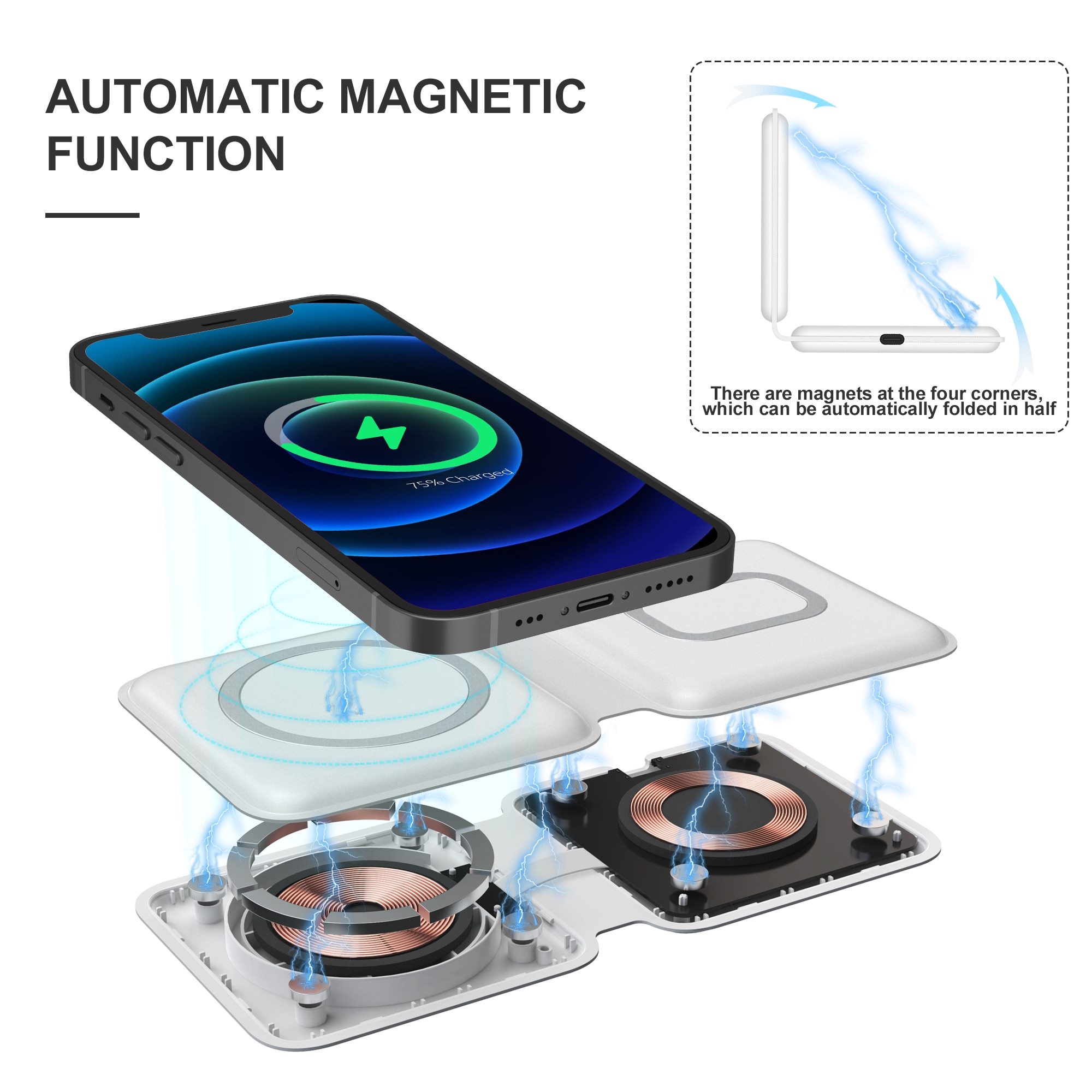 2 In1 Folding Duo Magnetic 15W Qi Wireless Charger Dock designed for iPhone 12, featuring a sleek and portable design for fast wireless charging.