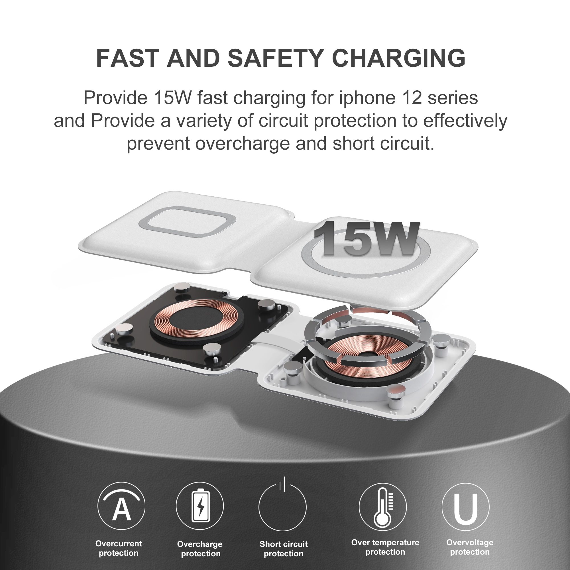 2 In1 Folding Duo Magnetic 15W Qi Wireless Charger Dock designed for iPhone 12, featuring a sleek and portable design for fast wireless charging.