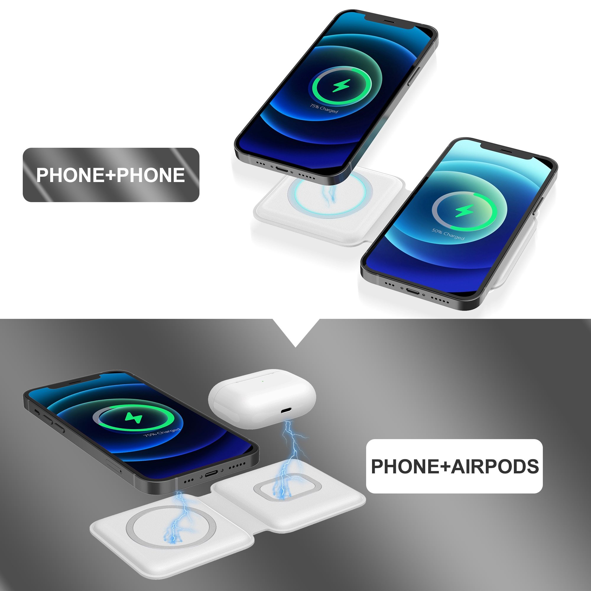 2 In1 Folding Duo Magnetic 15W Qi Wireless Charger Dock designed for iPhone 12, featuring a sleek and portable design for fast wireless charging.