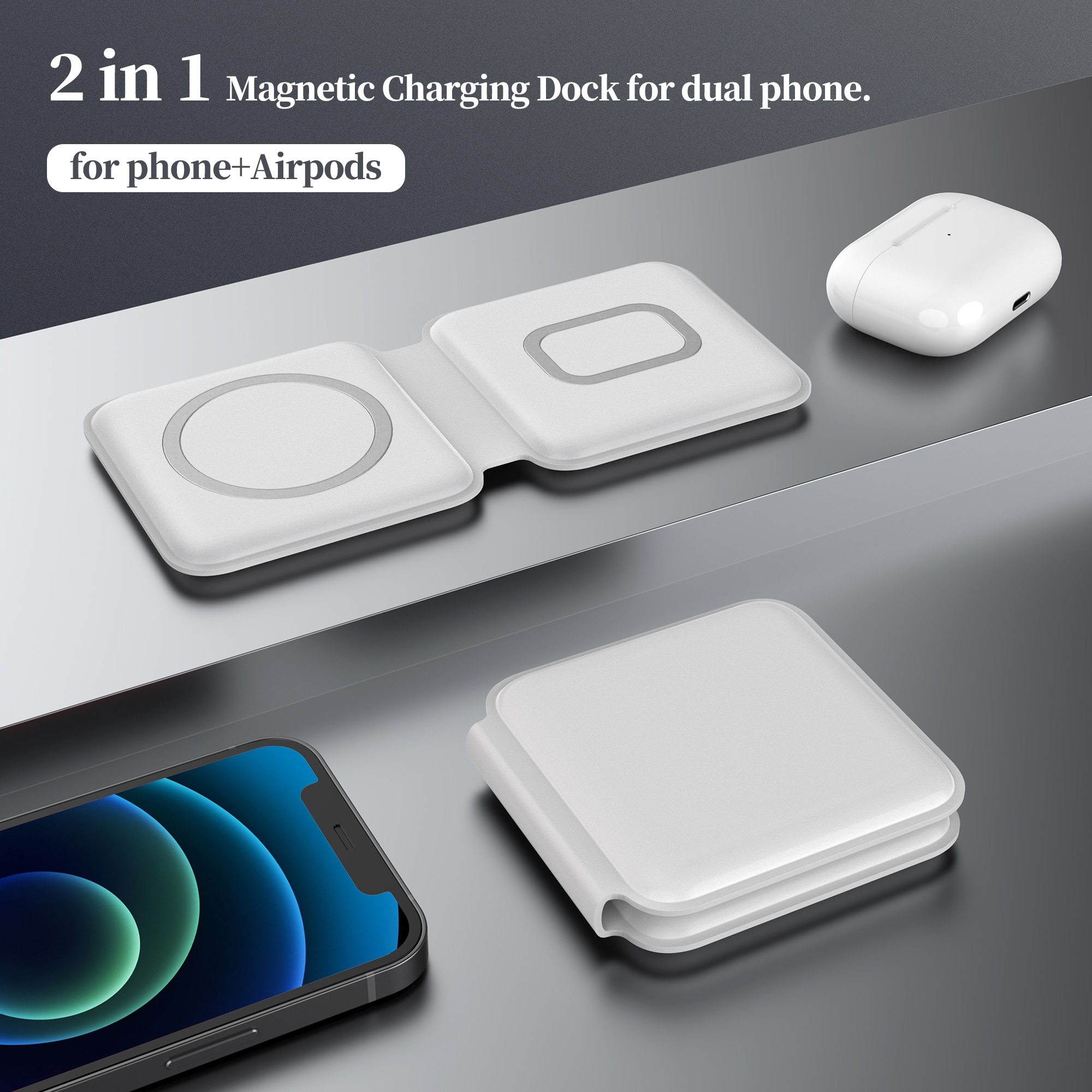 2 In1 Folding Duo Magnetic 15W Qi Wireless Charger Dock designed for iPhone 12, featuring a sleek and portable design for fast wireless charging.