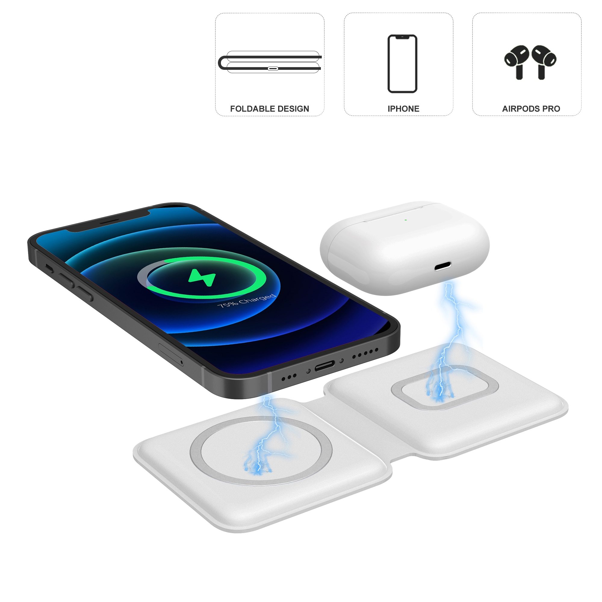 2 In1 Folding Duo Magnetic 15W Qi Wireless Charger Dock designed for iPhone 12, featuring a sleek and portable design for fast wireless charging.