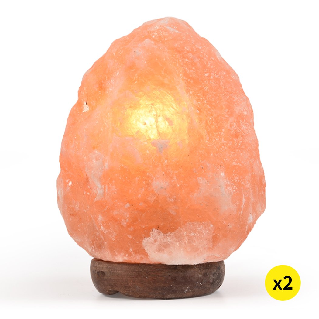 Two Himalayan salt lamps with natural light dimmers, showcasing their warm glow and natural rock crystal texture.