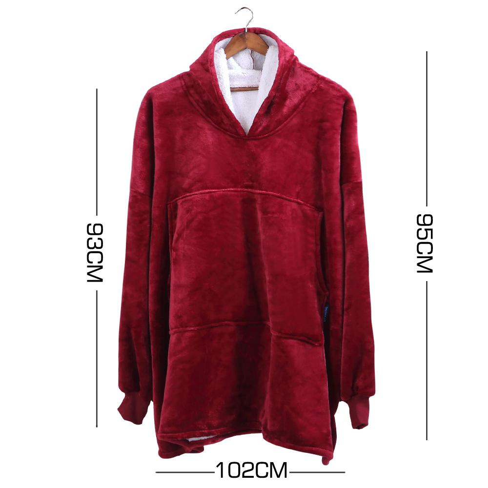 Two pieces of DreamZ Plush Fleece Sherpa Hoodie Sweatshirt Huggle Blanket in burgundy, showcasing the soft fabric and oversized design.