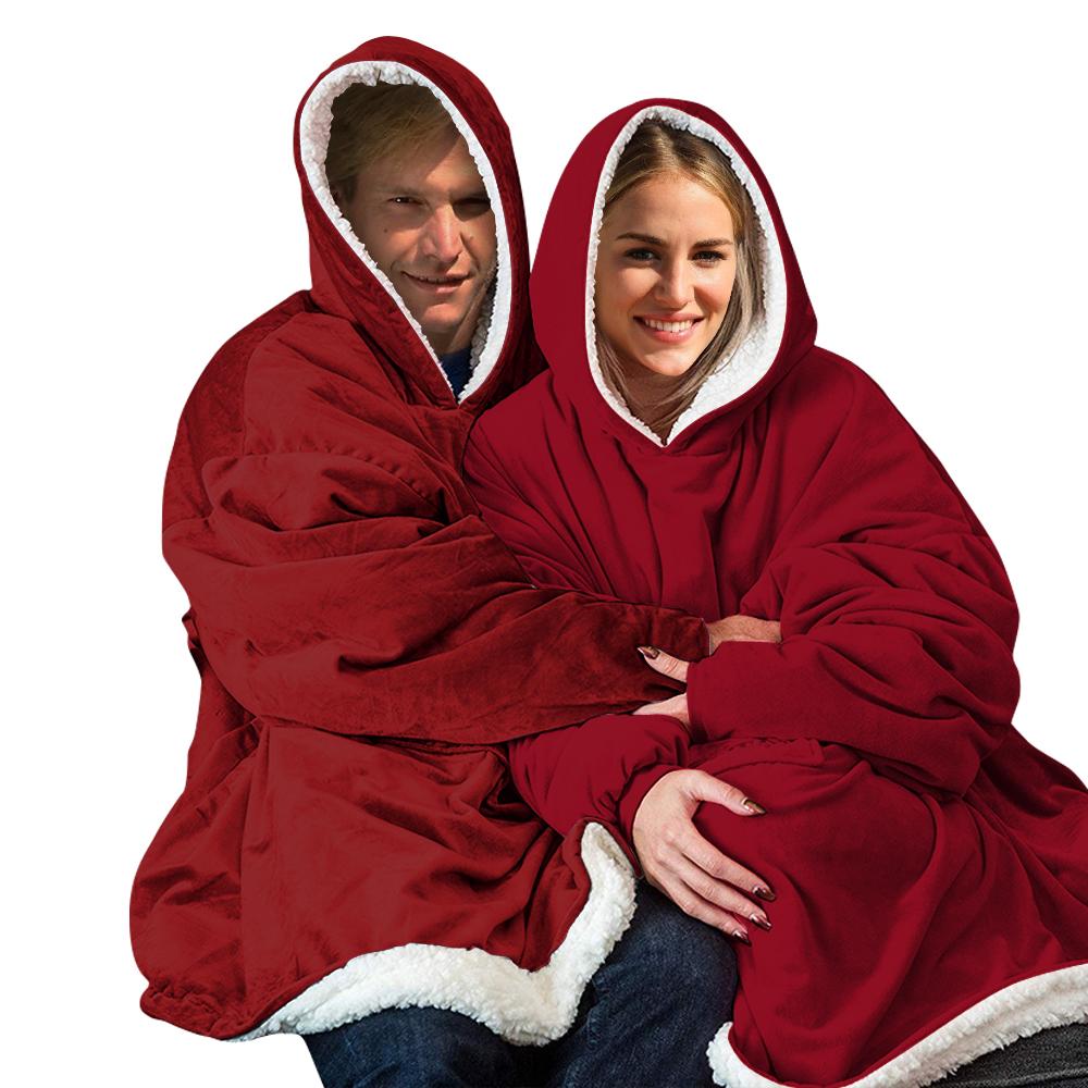 Two pieces of DreamZ Plush Fleece Sherpa Hoodie Sweatshirt Huggle Blanket in burgundy, showcasing the soft fabric and oversized design.