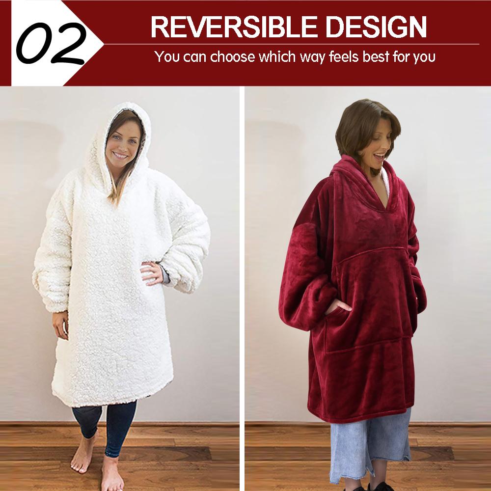 Two pieces of DreamZ Plush Fleece Sherpa Hoodie Sweatshirt Huggle Blanket in burgundy, showcasing the soft fabric and oversized design.