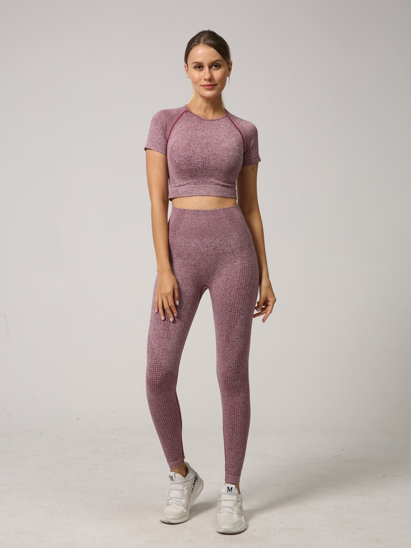 A stylish 2 PCS Seamless Yoga Set for women, featuring a short sleeve crop top and high waist leggings in vibrant colors.