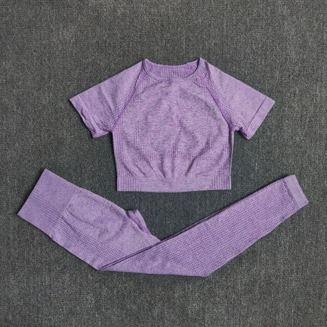 A stylish 2 PCS Seamless Yoga Set for women, featuring a short sleeve crop top and high waist leggings in vibrant colors.