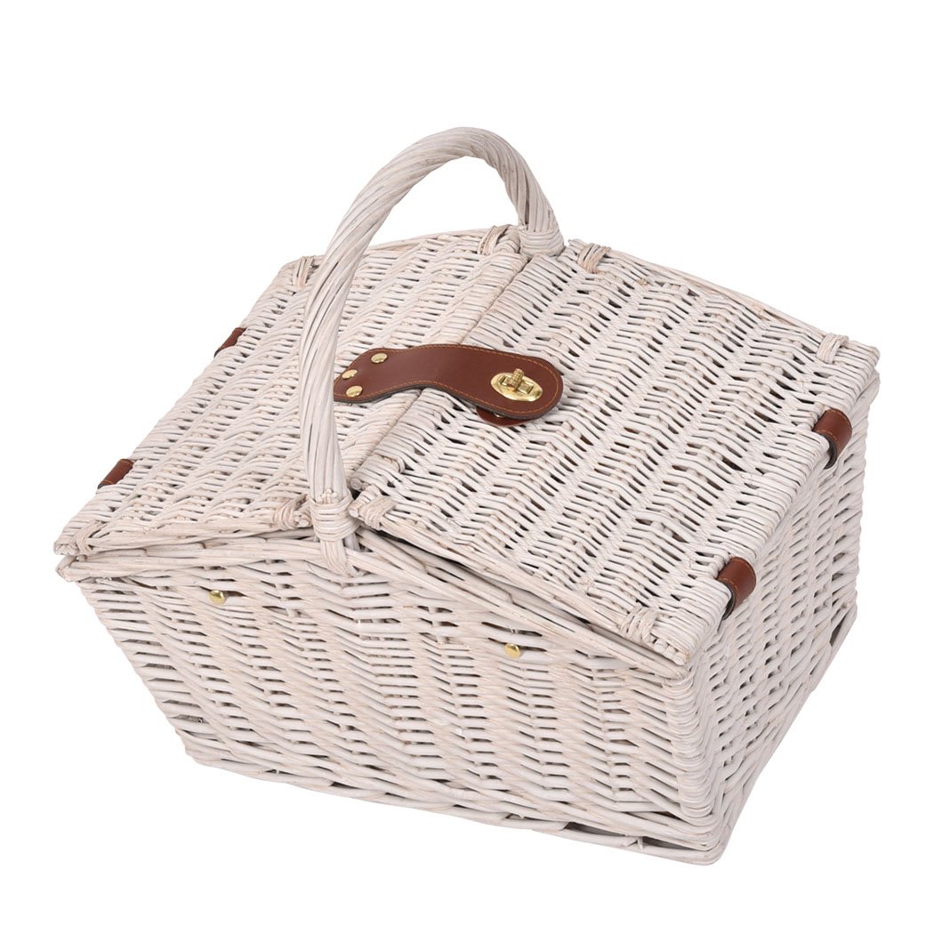 Deluxe 2 Person Picnic Basket Set with wicker design, including wine glasses, plates, and a matching blanket, perfect for outdoor gatherings.