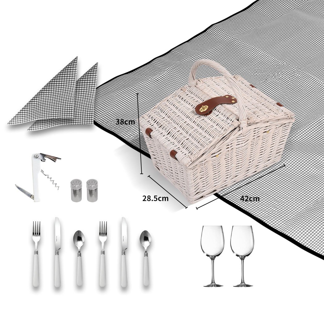 Deluxe 2 Person Picnic Basket Set with wicker design, including wine glasses, plates, and a matching blanket, perfect for outdoor gatherings.