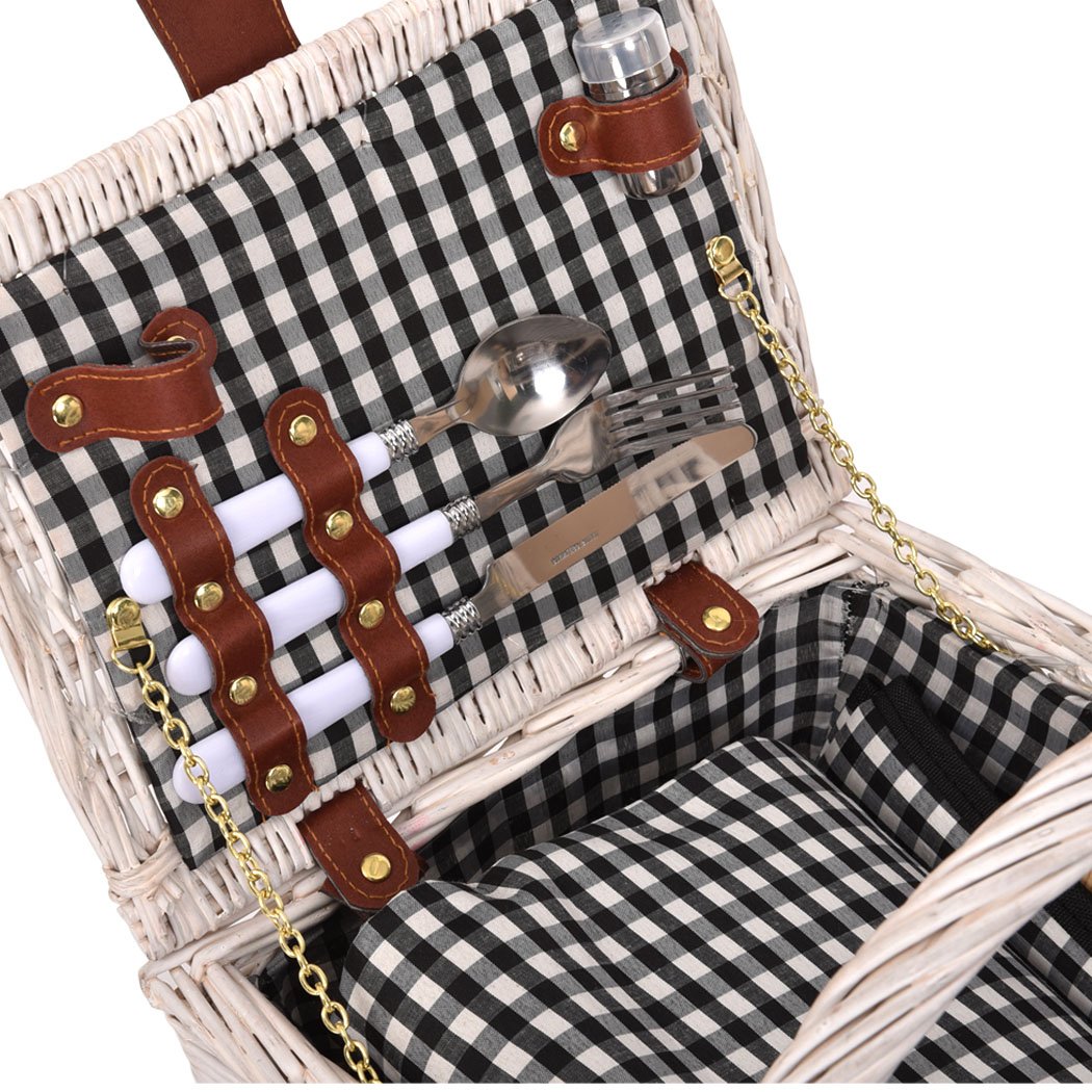 Deluxe 2 Person Picnic Basket Set with wicker design, including wine glasses, plates, and a matching blanket, perfect for outdoor gatherings.