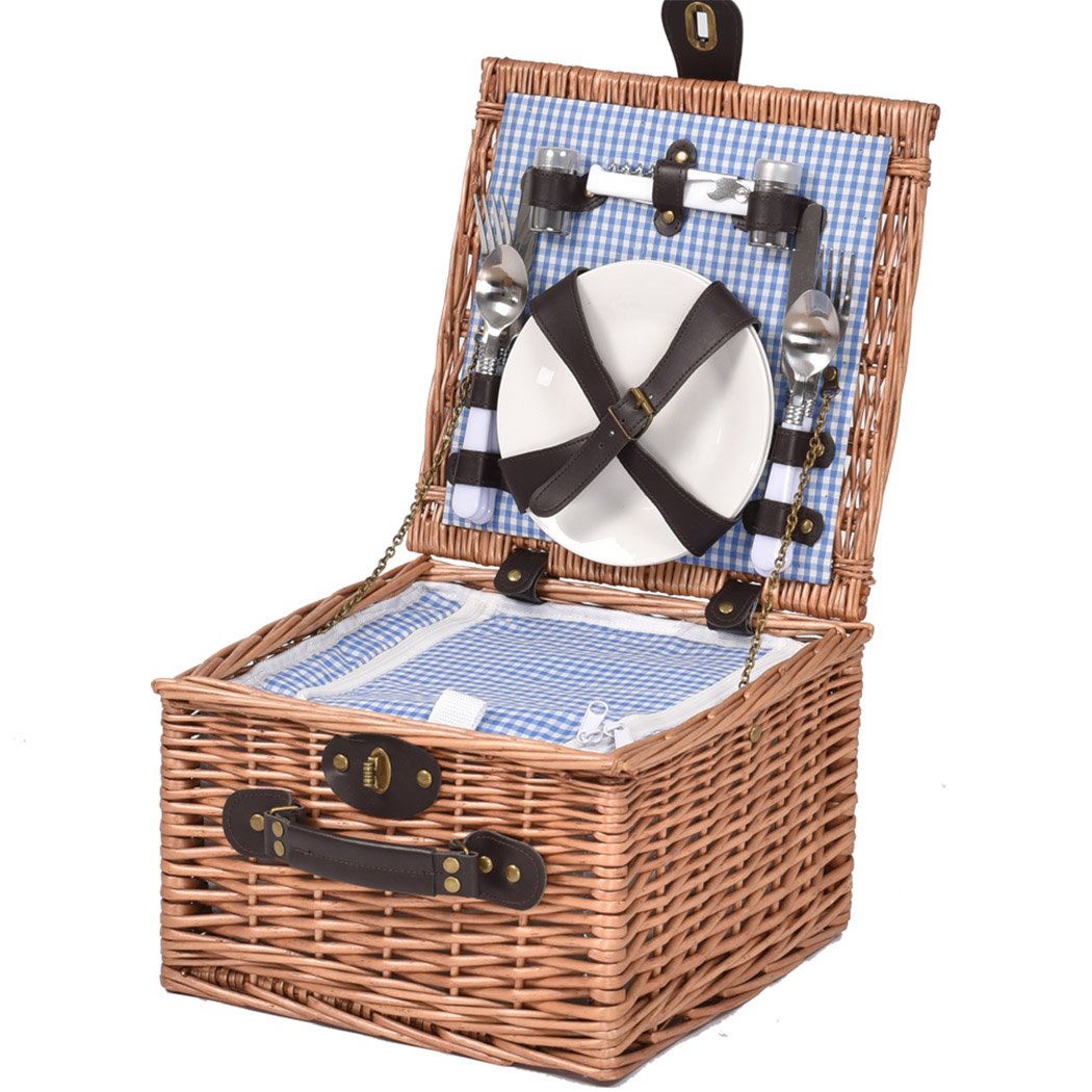 A stylish 2 person picnic basket set made of willow, featuring insulated storage, PU leather straps, and a matching blanket for outdoor dining.