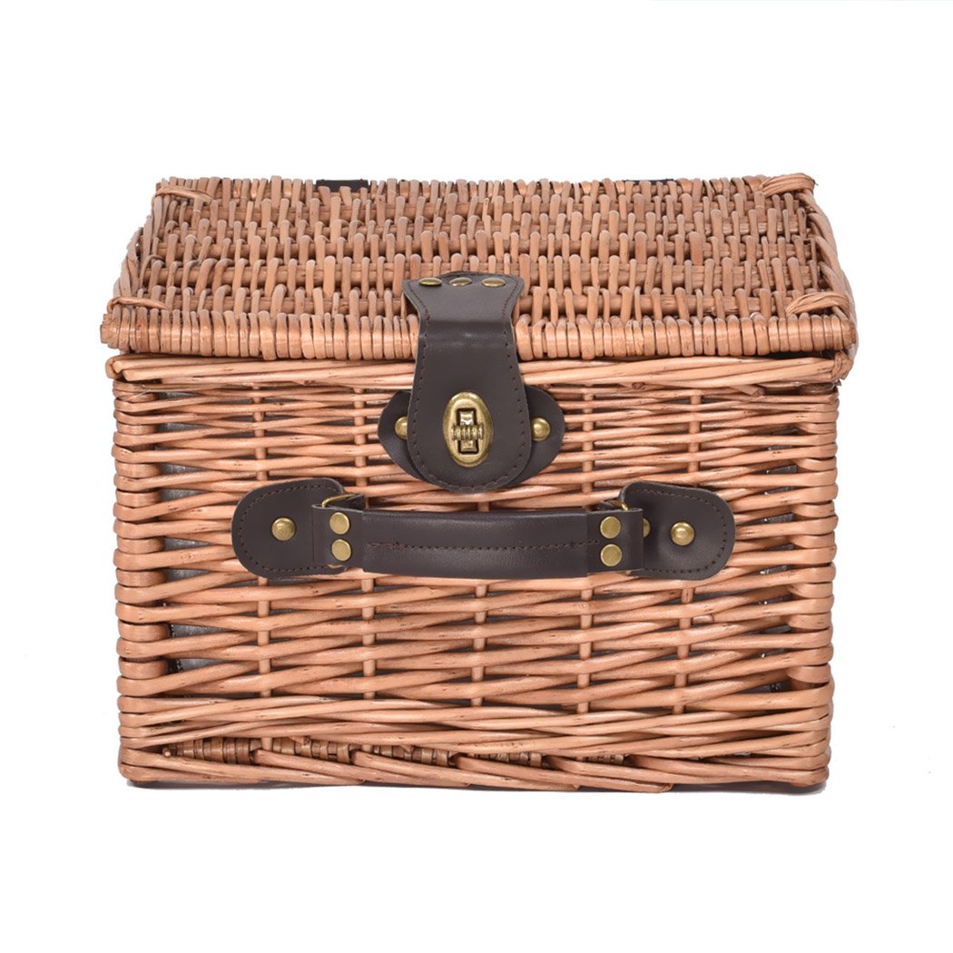 A stylish 2 person picnic basket set made of willow, featuring insulated storage, PU leather straps, and a matching blanket for outdoor dining.