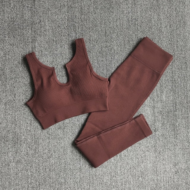 A stylish 2 pieces seamless yoga set for women, featuring high waist leggings and a matching sports bra in various colors.