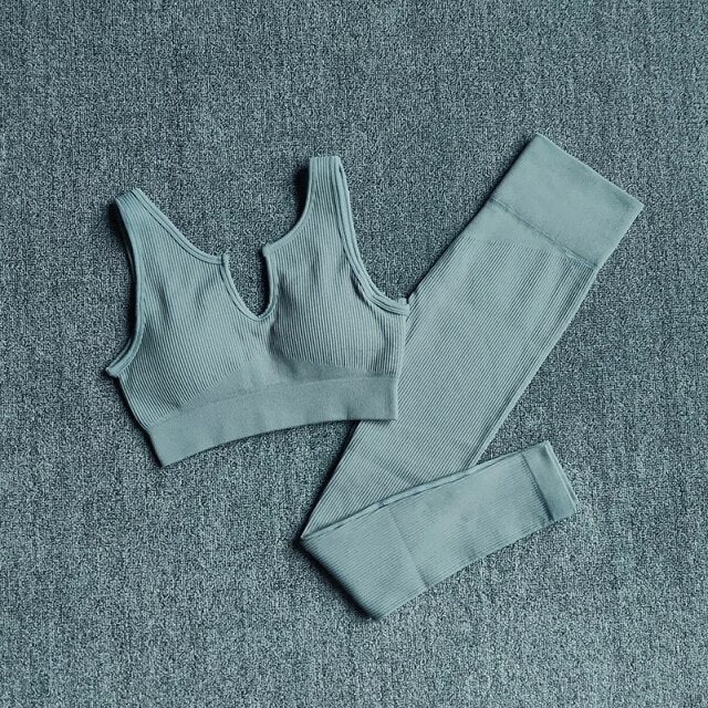 A stylish 2 pieces seamless yoga set for women, featuring high waist leggings and a matching sports bra in various colors.