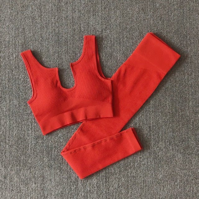 A stylish 2 pieces seamless yoga set for women, featuring high waist leggings and a matching sports bra in various colors.