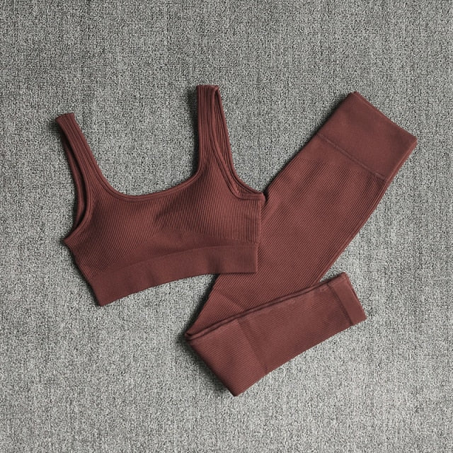 A stylish 2 pieces seamless yoga set for women, featuring high waist leggings and a matching sports bra in various colors.