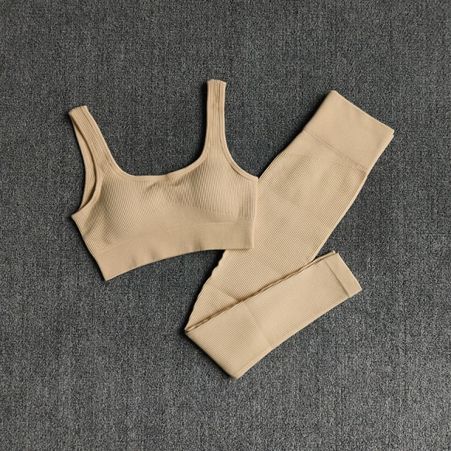 A stylish 2 pieces seamless yoga set for women, featuring high waist leggings and a matching sports bra in various colors.